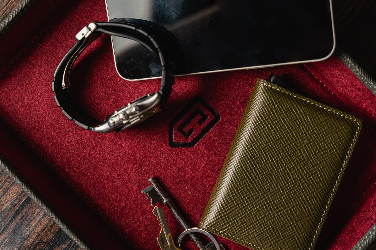 Best Saffiano Leather Valet Tray | Cased In Time chilli red with Rolex and iPhone